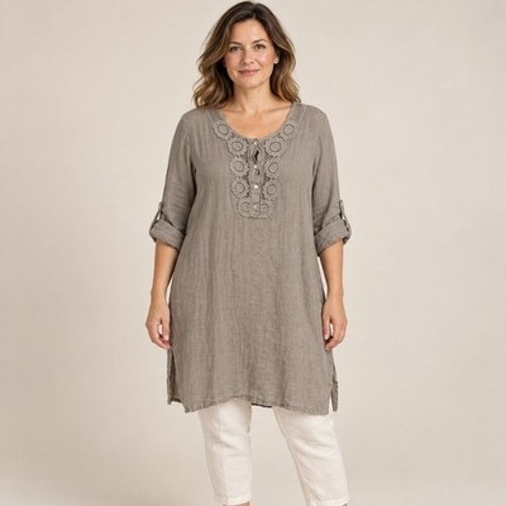Carla Conti Embroidered Linen Shift Dress Large Taupe Pockets Popover Italy